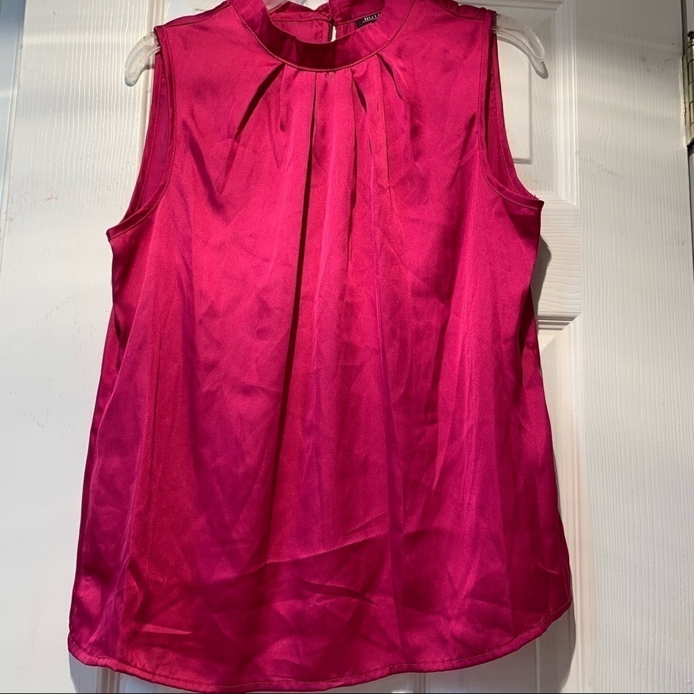 Fuchsia Magenta round neck sleeveless blouse bright pink satin pleat Barbiecore